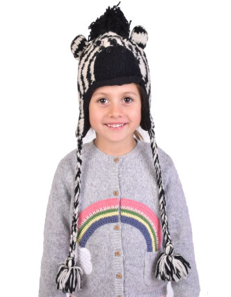 Čepice s ušima, dětská, zebra, černo-bílá