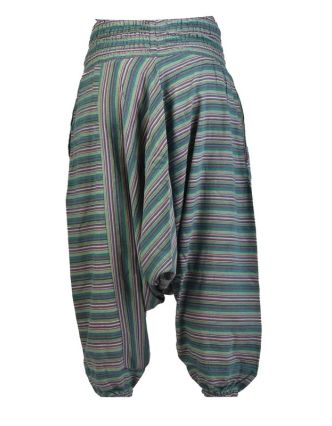 Turecké kalhoty, zelené, pruhované, žabičkování v pase