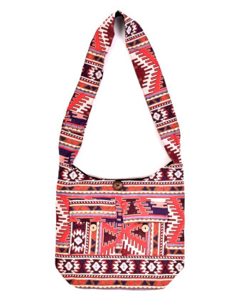 Taška přes rameno, barevná, velká, Aztec design, 2 přední kapsy, zip, 40x36 cm