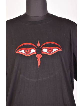 Tričko, pánské, krátký rukáv, černé, výšivka "Buddhovy oči červené"