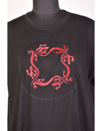 Tričko, pánské, krátký rukáv, černé, výšivka čtyři červené ještěrky v kruhu