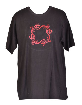 Tričko, pánské, krátký rukáv, černé, výšivka čtyři červené ještěrky v kruhu