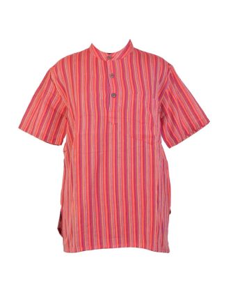 Pruhovaná pánská košile-kurta s krátkým rukávem a kapsičkou, červená