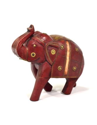 Slon, dřevěný, ručně malovaný, zdobený mosazí, 25x13x25cm