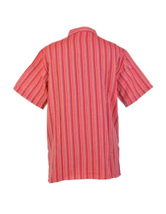 Pruhovaná pánská košile-kurta s krátkým rukávem a kapsičkou, červená