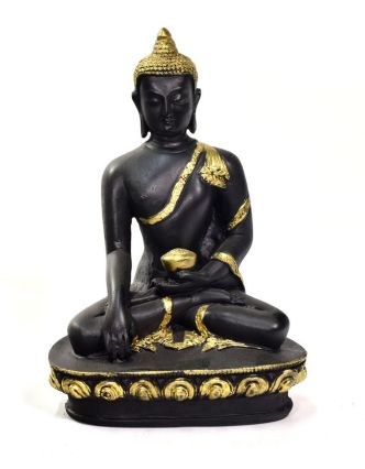 Buddha Šakjamuni, černý, zlatá patina, pryskyřice, 14x10x20cm