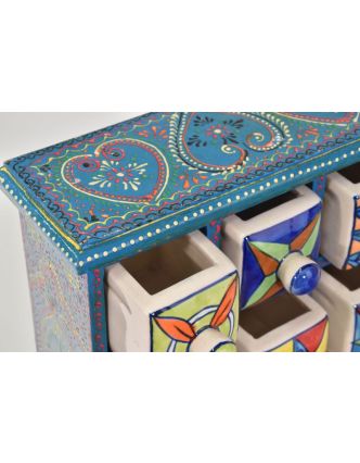 Skříňka s 9 keramickými šuplíky, ručně malovaná, 26x12x26cm