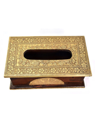 Krabička na kapesníky, drěvěná, zdobená mosazným plechem, 26x15x10cm
