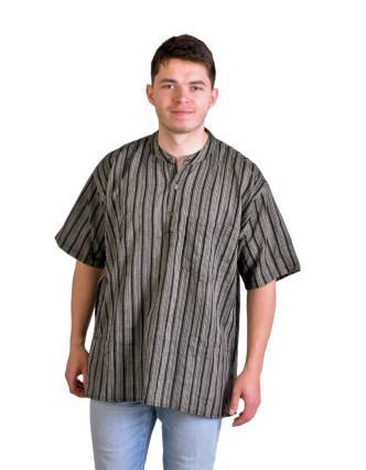 Pruhovaná pánská košile-kurta s krátkým rukávem a kapsičkou, šedo černá