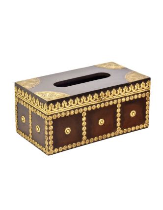 Krabička na kapesníky, drěvěná, zdobená mosazným plechem, 28x15x13cm
