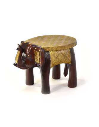 Stolička ve tvaru slona zdobená mosazným kováním, 27x20x17cm