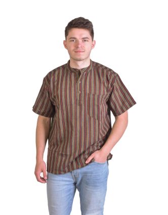 Pruhovaná pánská košile-kurta s krátkým rukávem a kapsičkou, khaki