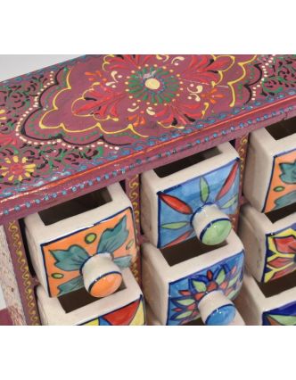 Skříňka s 9 keramickými šuplíky, ručně malovaná, 26x12x26cm