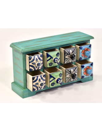 Skříňka s 8 keramickými šuplíky, ručně malovaná, 31x10x18cm