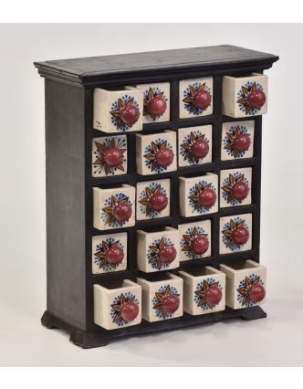 Dřevěná skříňka s 20 keramickými šuplíčky, 29x13x35cm