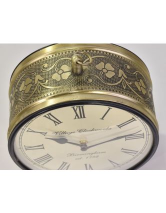 Oboustranné závěsné hodiny, zlatá, květinový motiv, zdobený mosazný plech, 22cm