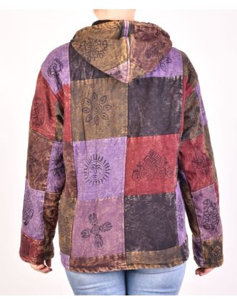 Pánská bunda s kapucí zapínaná na zip, fialovo-hnědá, potisk, stone wash