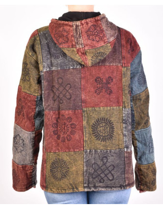 Pánská bunda s kapucí zapínaná na zip, vínovo-šedá, potisk, stone wash