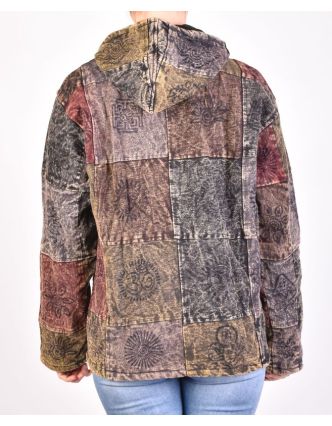 Pánská bunda s kapucí zapínaná na zip, hnědo-šedá, potisk, stone wash