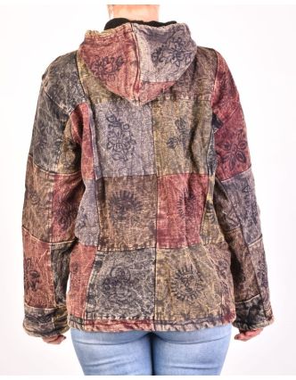 Pánská bunda s kapucí zapínaná na zip, vínovo-šedá, potisk, stone wash