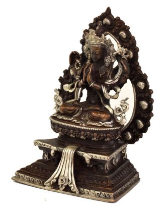 Soška "Avalokiteshvara", sedící, 13cm, poztříbřená, měď