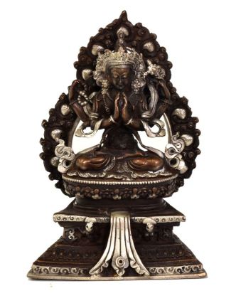 Soška "Avalokiteshvara", sedící, 13cm, poztříbřená, měď