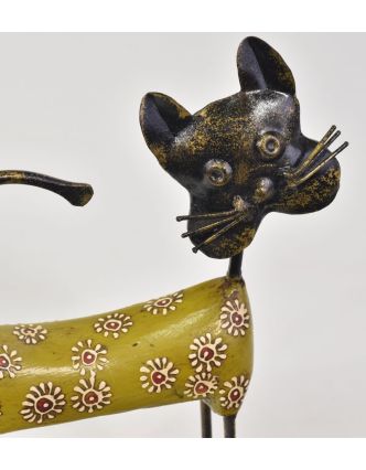 Soška kočky, dřevěná, ručně malovaná, mosazné kování, 15x28cm