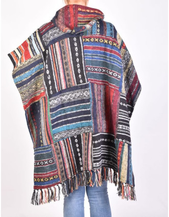 Tibetské pončo z česané bavlny, kapsy, kapuca, multibarevné, patchwork