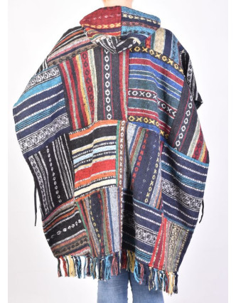 Tibetské pončo z česané bavlny, kapsy, kapuca, multibarevné, patchwork