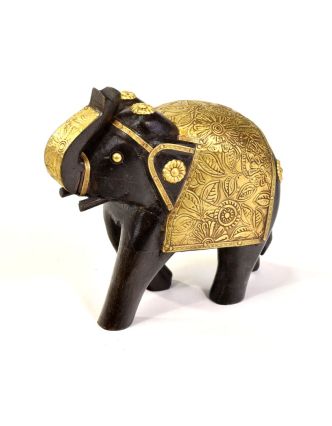 Slon, dřevěný, zdobený mosazí, 17x8x17cm
