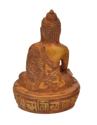 Buddha, sedící na podstavci, antik úprava, pryskyřice, 11cm