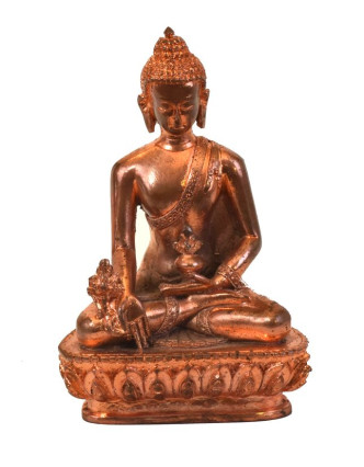 Uzdravující Buddha, sedící, měděná patina, pryskyřice, 14cm