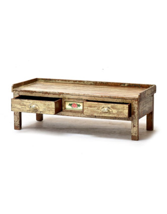 Starý kupecký stolek z teakového dřeva, krémová patina 100x43x35cm