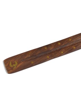 Dřevěný stojánek na vonné tyčinky, Óm, vykládaný kovem, 27cm