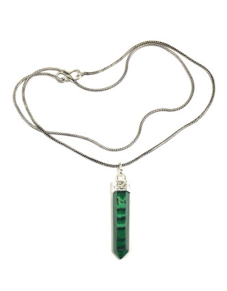 Dlouhý náhrdelník s kamenem imitace Malachyt, stříbrná barva řetízku