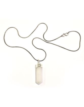 Dlouhý náhrdelník s bílým kamenem, stříbrná barva řetízku