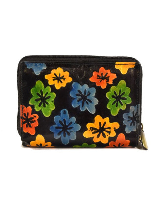 Peněženka design "Drobné květy", ručně malovaná kůže, černá, 15x10cm