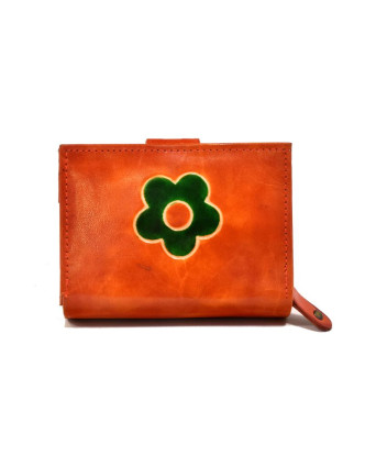Peněženka, design "Kytička", ručně malovaná kůže, oranžová, 12x9cm
