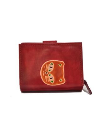 Peněženka, design "Kočka", ručně malovaná kůže, červená, 12x9cm