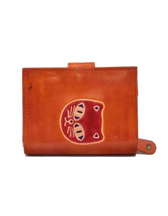 Peněženka, design "Kočka", ručně malovaná kůže, oranžová 12x9cm