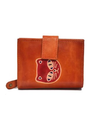 Peněženka, design "Kočka", ručně malovaná kůže, oranžová 12x9cm