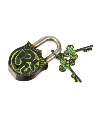 Visací zámek, Lakšmí, zelená mosaz, dva klíče ve tvaru dorje, 11cm