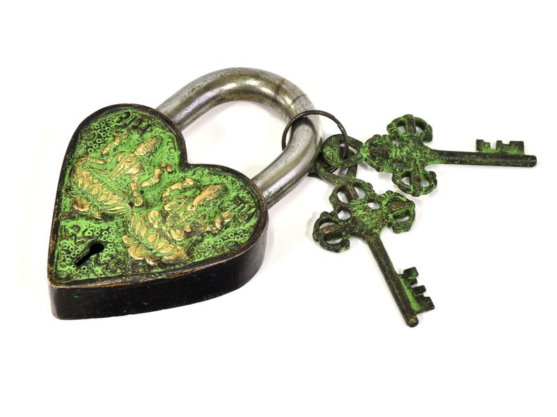 Visací zámek, srdce s Lakšmí a Ganéšou, zelená mosaz, 12cm