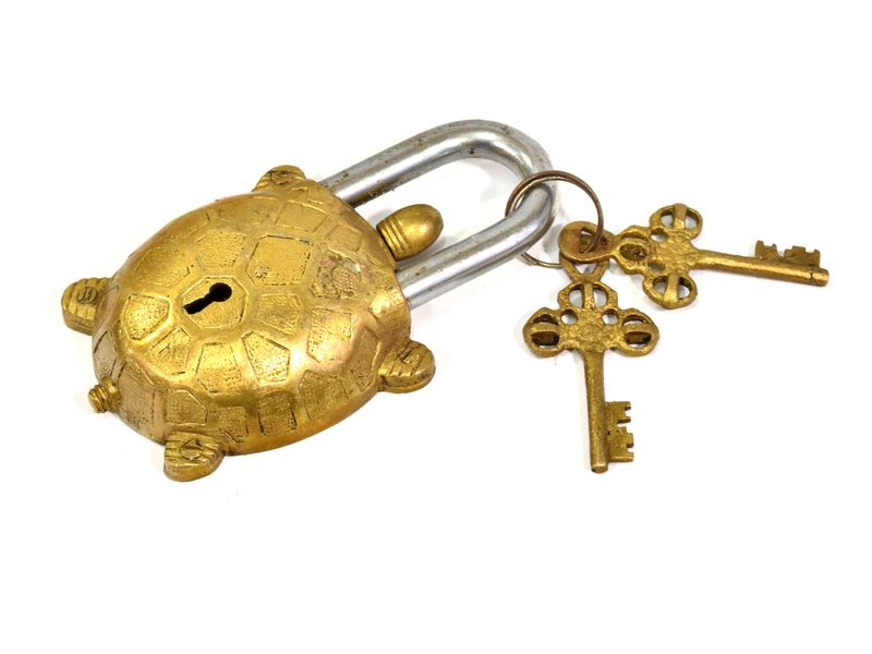 Visací zámek, želva, mosaz, dva klíče, 13x7cm, klíč 7cm