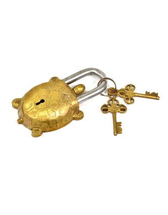 Visací zámek, želva, mosaz antik, dva klíče, 13x7cm, klíč 7cm