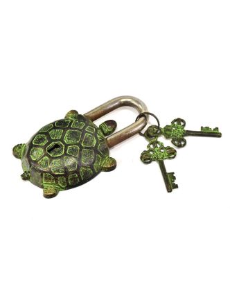 Visací zámek, želva, mosaz antik, dva klíče, 13x7cm, klíč 7cm