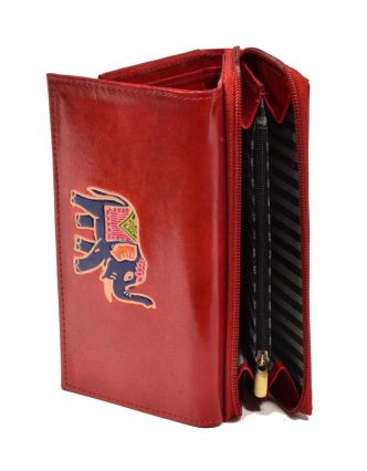 Peněženka zapínaná na zip, červená se slonem, malovaná kůže, 17x11cm