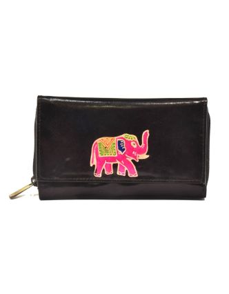 Peněženka zapínaná na zip, černá se slonem, malovaná kůže, 17x11cm
