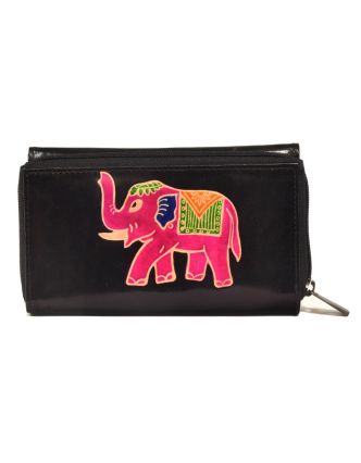 Peněženka zapínaná na zip, černá se slonem, malovaná kůže, 17x11cm