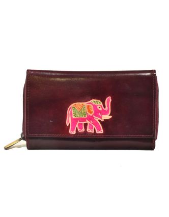 Peněženka zapínaná na zip, vínová se slonem, malovaná kůže, 17x11cm